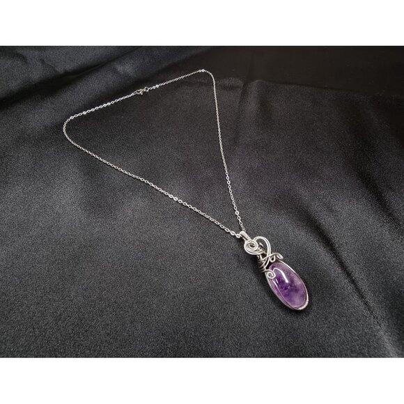 Genuine Amethyst Necklace With Handcrafted  Wire Wrap Pendant - Picture 3 of 6
